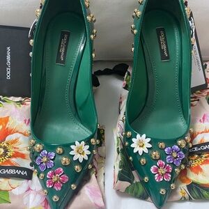 Dolce & Gabbana Green Heels with Floral Accents